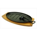 Cast Iron Sizzling Steak Plate Wooden Base,Black